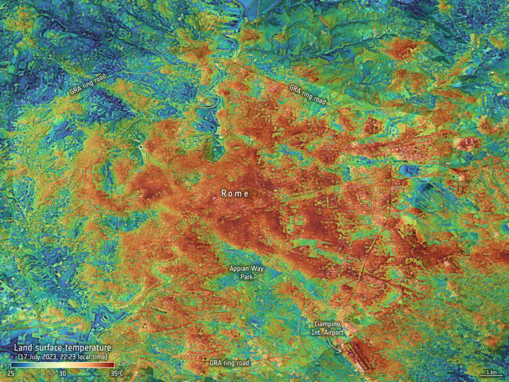 Heat map of Rome, showing read colours in the center and green and blue colours in the outskirts of the city.